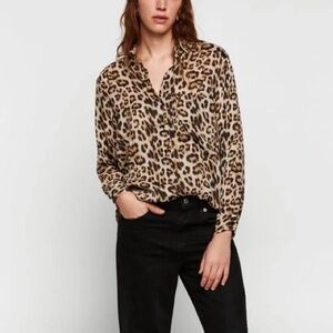 Zara Silky Longline Leopard Print Button-Up Blouse S